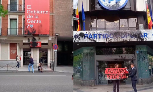 Futuro Vegetal tiñe de negro las sedes nacionales de PSOE y PP.