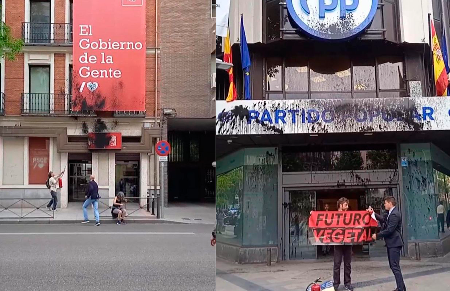 Futuro Vegetal tiñe de negro las sedes nacionales de PSOE y PP.