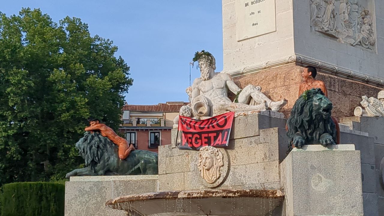 Dos activistas se desnudan en la fuente frente al Palacio Real.